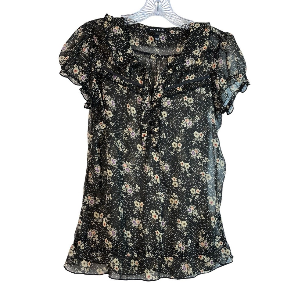 FANG Sz L Black Sheer Floral Ruffle Sleeve Hem Fairy Dark Whimsigoth VTG Y2K